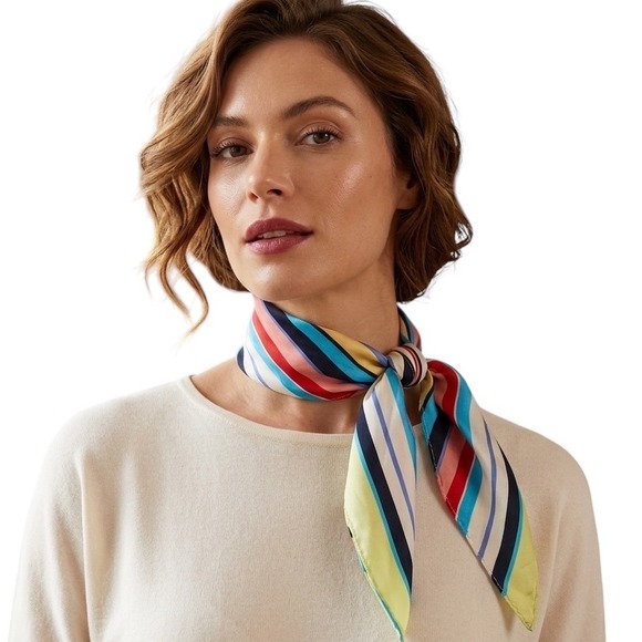 Unbranded Accessories - Multicolor Diagonal Stripe Square Neck Silk Scarf Blue‎ Red Yellow Silky Bandana